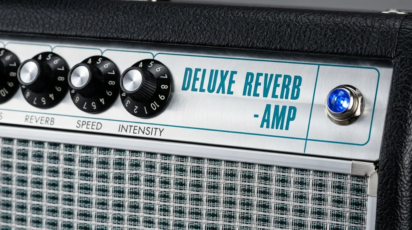 Macro detail of Fender '68 Custom Deluxe Reverb silverface panel with Speed and Intensity knobs and glowing blue jewel pilot light