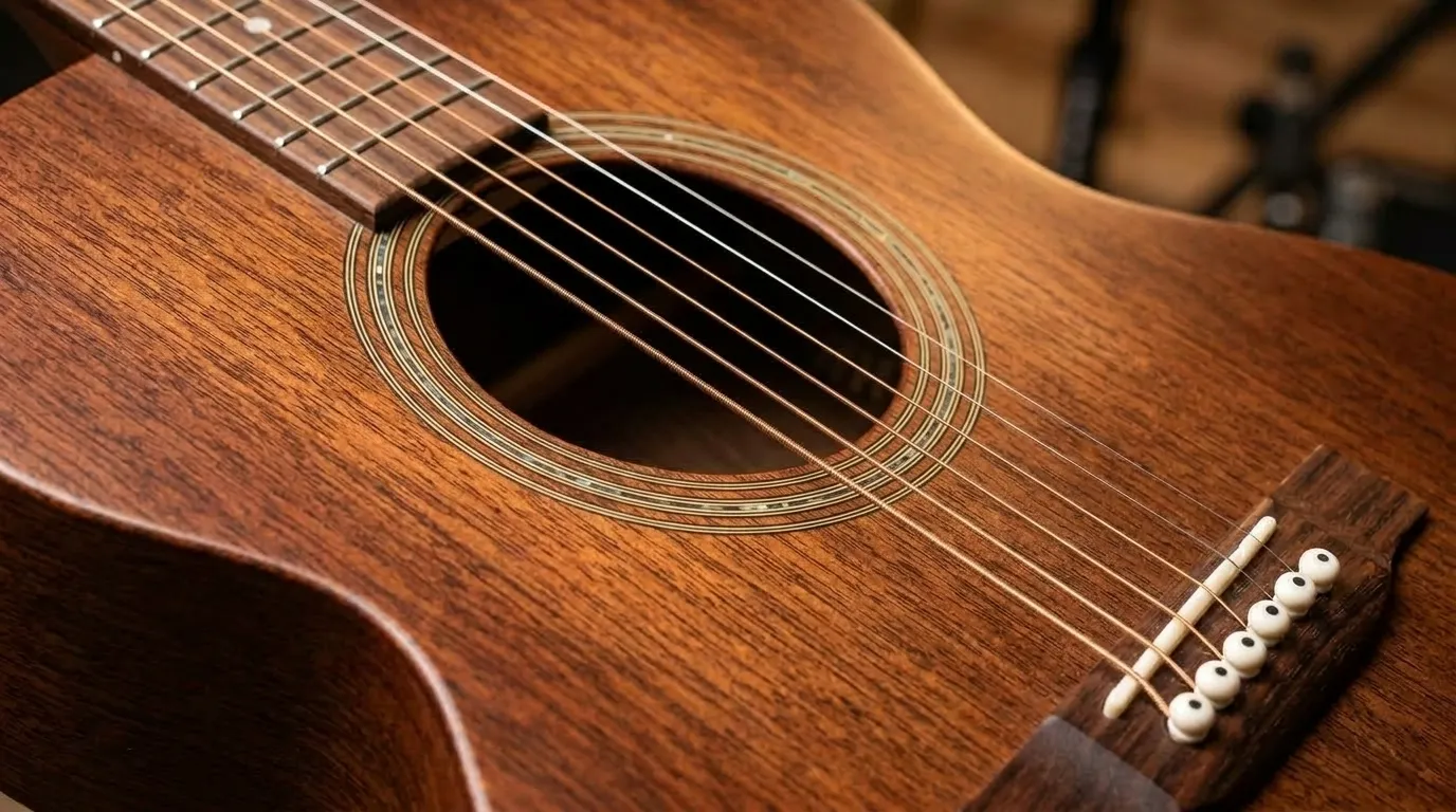 Close-up of Martin 000-15 soundhole showing solid mahogany wood grain and rosette