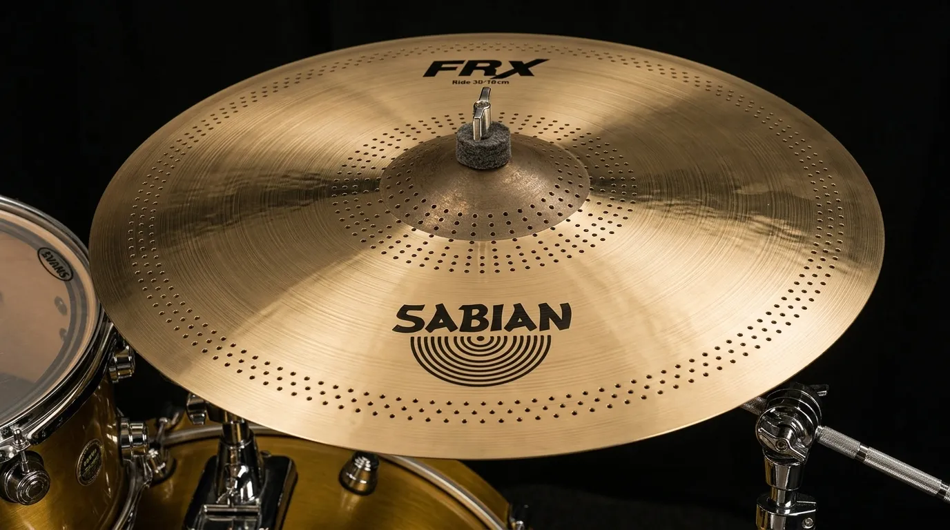 Close-up of Sabian FRX bronze cymbal showing laser-drilled frequency filtering micro-holes