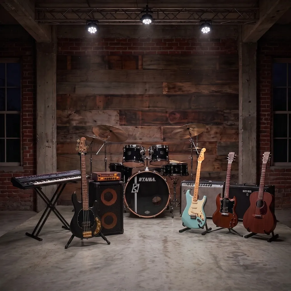 Live Mix complete stage backline fleet with drums, amps, synthesizers, and guitars