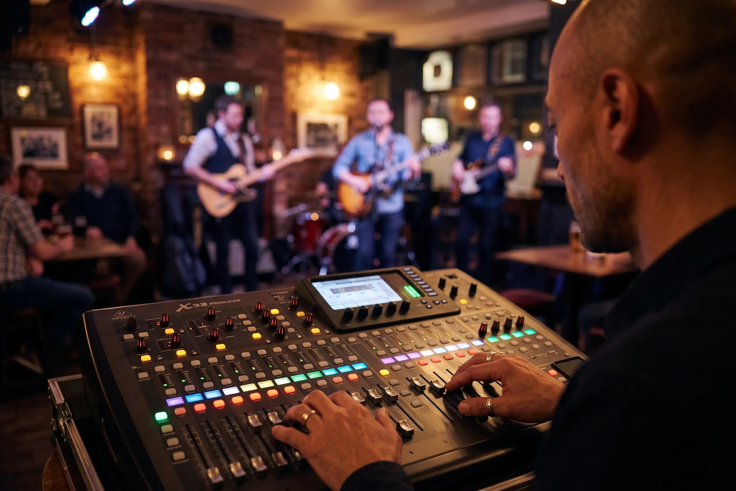 Sound engineer mixing live band on digital audio desk